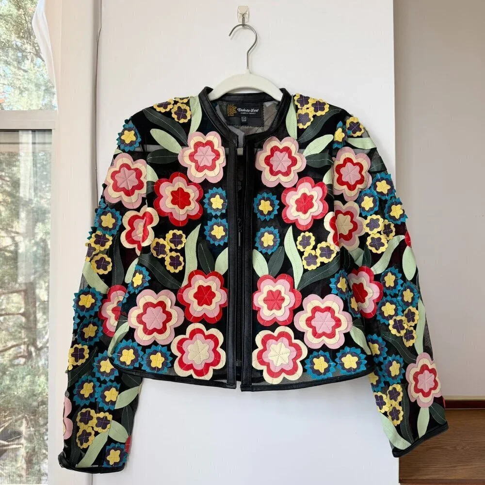 Dakota West Short Art Deco Leather Jacket Black Floral Medium